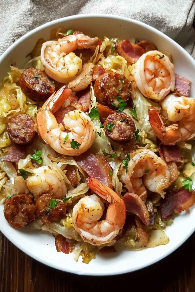 Fried Cabbage With Shrimp, Sausage, and Bacon