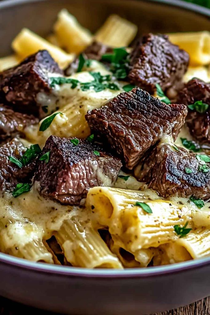 How to Serve Garlic Butter Steak Tips Cheesy Rigatoni
