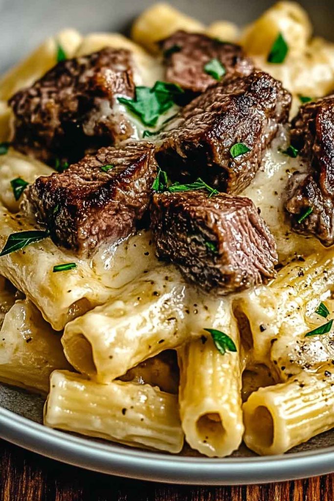 Garlic Butter Steak Tips Cheesy Rigatoni