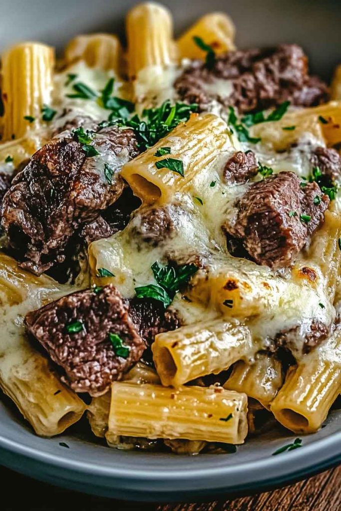 Garlic Butter Steak Tips Cheesy Rigatoni