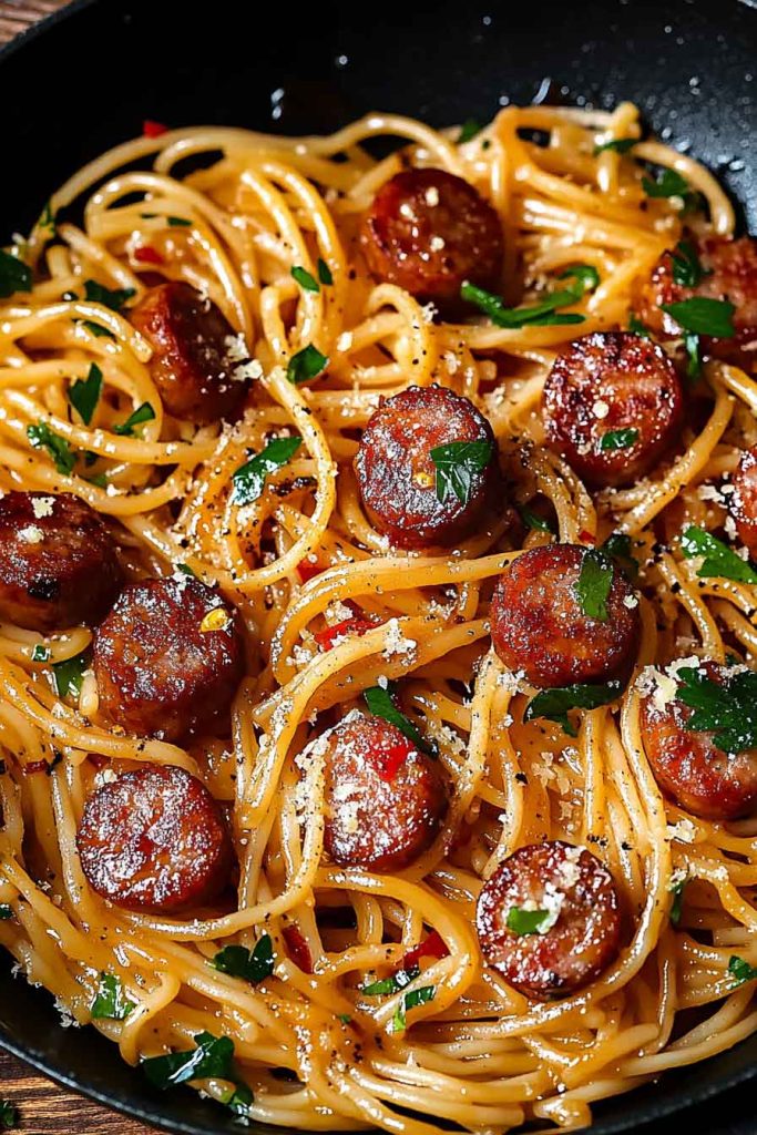 Sticky Honey Garlic Sausage Pasta Skillet