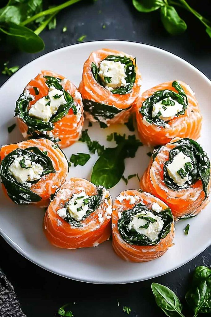 Spinach Feta Stuffed Salmon Pinwheels
