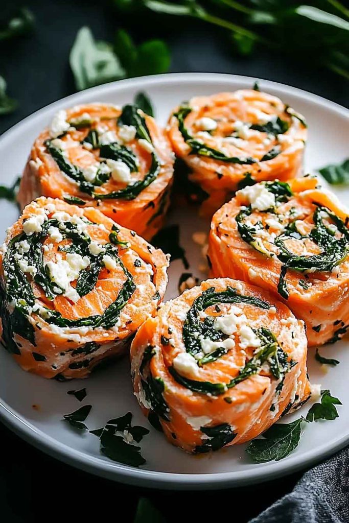 Spinach Feta Stuffed Salmon Pinwheels