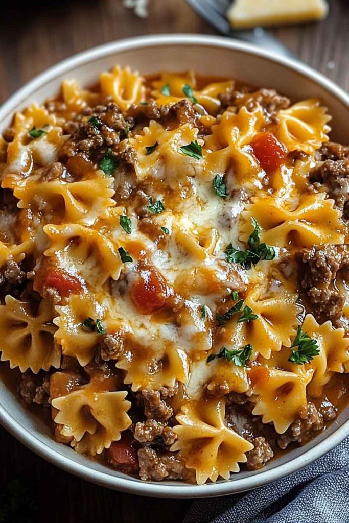Cheesy Bowtie Pasta Beef