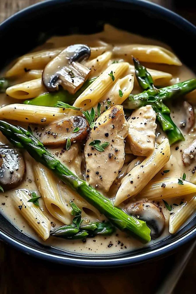 Creamy Chicken Mushroom Asparagus Penne