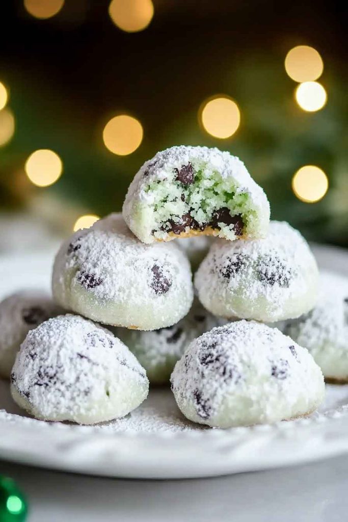 Mint Chocolate Chip Snowball Cookies
