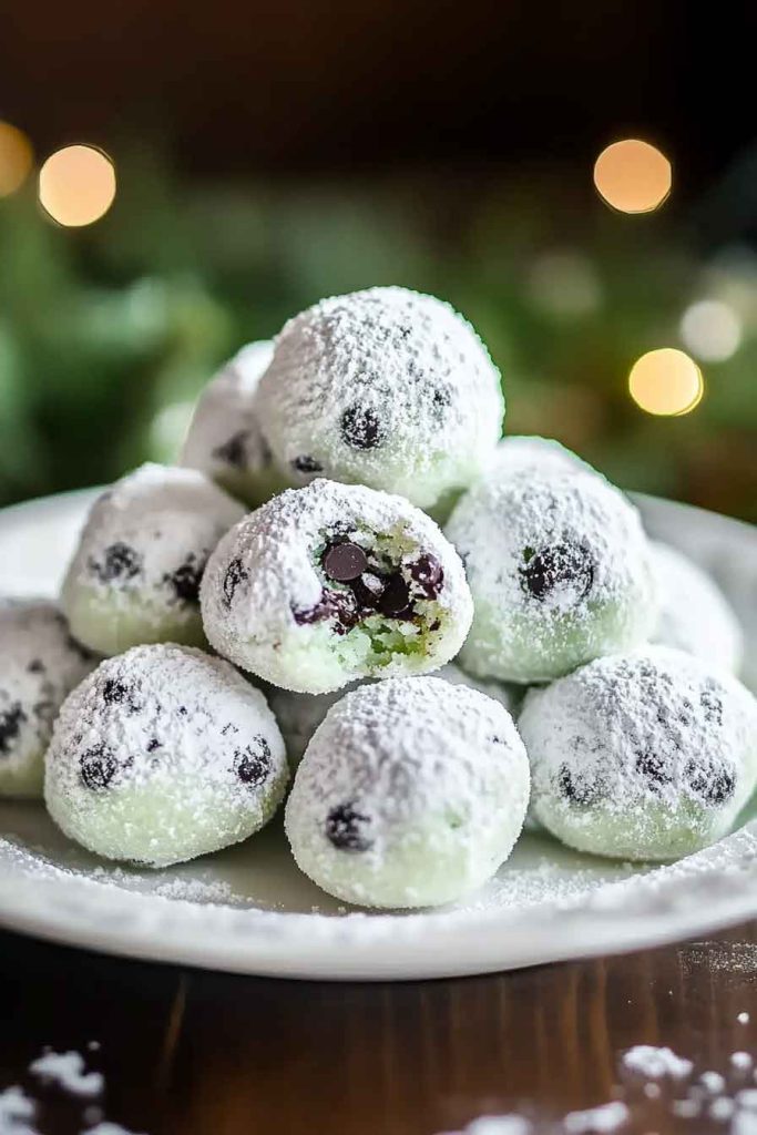 Mint Chocolate Chip Snowball Cookies